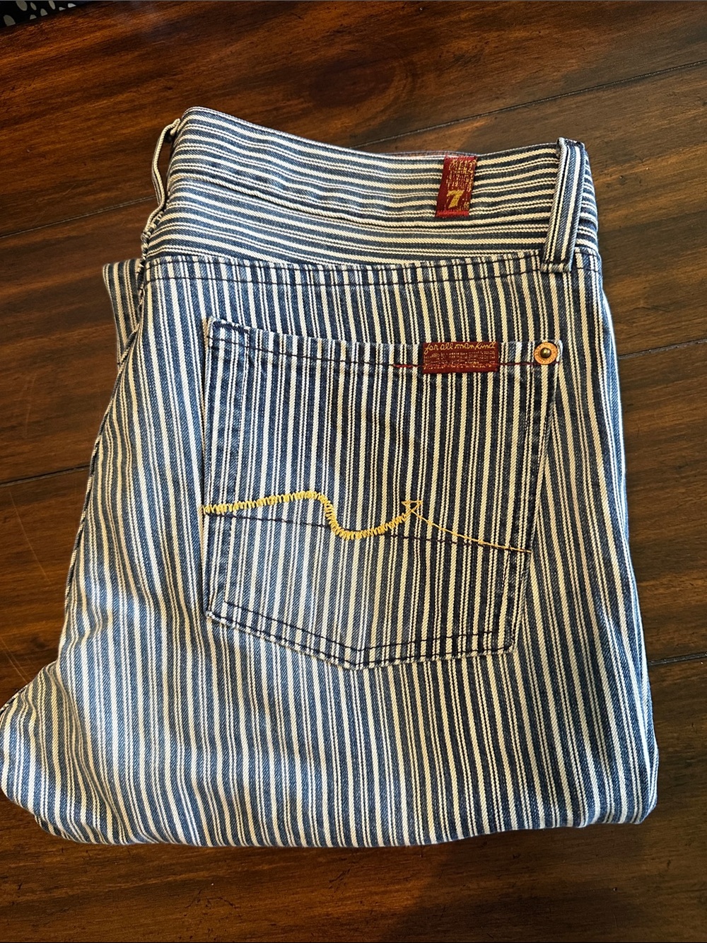 7 For All Mankind Women's Blue and White Striped Boot Cut Jeans. Size 29